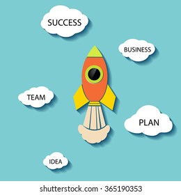 Rocket is flying in the clouds. Business startup. Stock vector illustration.