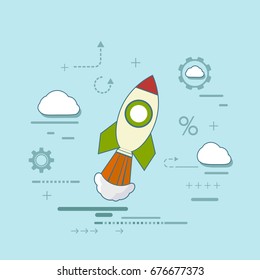 Rocket is flying in the clouds. Creative and success in a business startup. Conceptual ideas and scientific discoveries. Stock vector illustration.