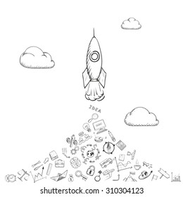 Rocket is flying in the clouds. Doodle image. Stock Vector illustration.