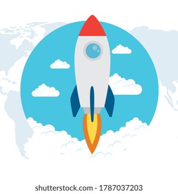rocket flying with clouds, scenary with white clouds vector illustration design