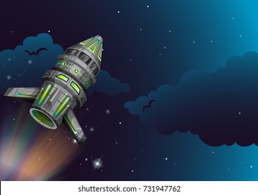Vuelo de cohetes en la ilustración del espacio oscuro