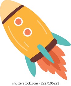 Rocket flying with fire. Cartoon spaceship launch