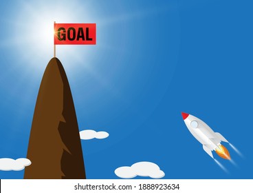 Abanderamiento de cohetes con objetivo de texto sobre la montaña, concepto de objetivo empresarial ilustración vectorial