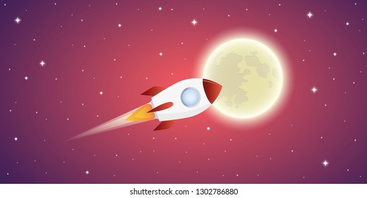 rocket is flying to the full moon in pink starry space vector illustration EPS10