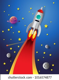 rocket flying In the galaxy ,  paper art 