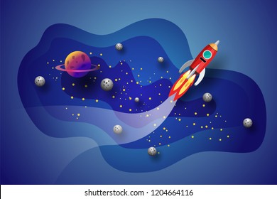 rocket flying In the galaxy , paper art, vector design