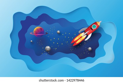 rocket flying In the galaxy , paper art, vector design