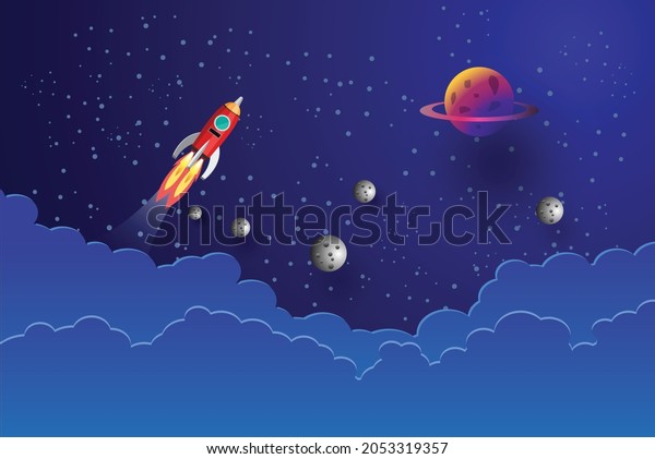 rocket\
flying In the galaxy , paper art, vector\
design