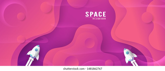 Rocket is flying in galaxy space of the universe. Abstract gradient background in liquid and fluid style. Trend creation of the world. 3D illustration template design.