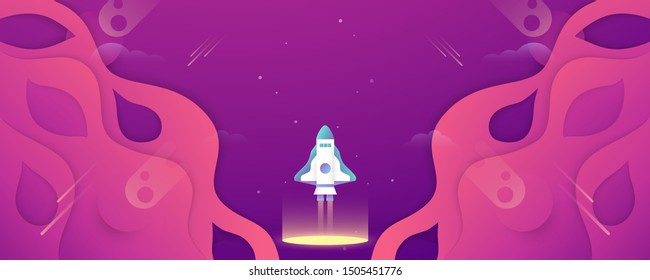 Rocket is flying in galaxy space of the universe. Abstract gradient background in liquid and fluid style. Trend creation of the world. 3D illustration template design in paper cut and craft.