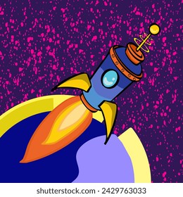 Cohetes volando hacia fuera del planeta. El vector es adecuado para su uso en futuras ilustraciones y fondo de póster de tecnología.
