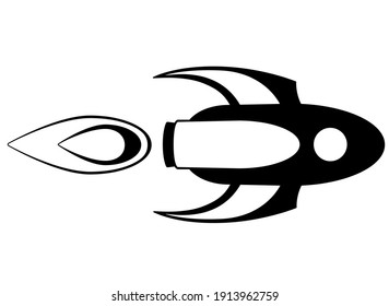 Rocket flying horizontally, Starship - vector black and white picture for logo, icon or pictogram. Stylized fantastic spaceship for identity or sign.