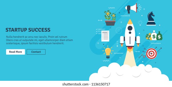 Rocket flying with icons of strategy, marketing, money and investment. Concept of business successful, growth strategy and investment in startup. Flat design web banners in vector illustration.