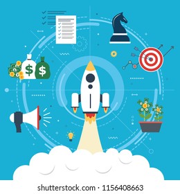 Rocket flying with icons of strategy, marketing, money and investment. Concept of business successful, growth strategy and investment in startup. Flat design web banners in vector illustration.