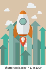 Rocket flying into the sky against growing up arrows. Business concept