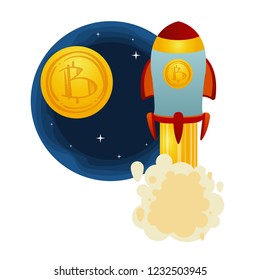 A rocket flying into space against the backdrop of the night starry sky, in which a large coin is a gold bitcoin. Vector image.