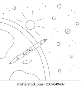 Rakete, die von der Erde aus in den Weltraum fliegt. Schwarz-Weiß-Doodgrafik auf weißem Hintergrund