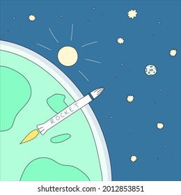 Rocket flying into the space from earth. Colorful doodle illustration