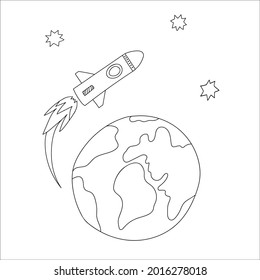 Rocket flying into the space from earth. Black and white outline vector illustration isolated on white background