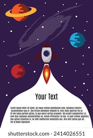 Rocket Flying Into Space Flat Style Copy Space. Cosmos exploration, business startup and science concept vector