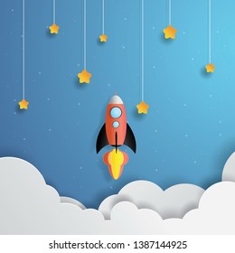 Rocket flying into space, Hanging star, Paper art, Paper cut, Craft vector, Vector design