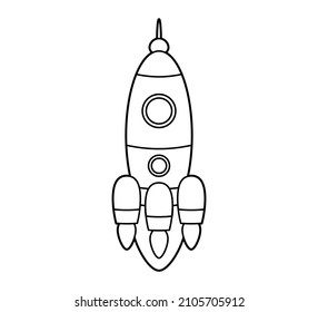 Rocket flying up into space. Icon, coloring book. Vector isolated illustration on white background, black and white line art