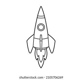 Rocket flying up into space. Icon, coloring book. Vector isolated illustration on white background, black and white line art