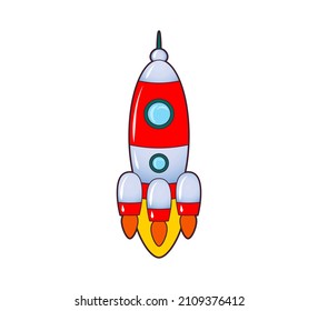 Rocket flying up into space , icon. Vector isolated illustration on white background . Black and white line art