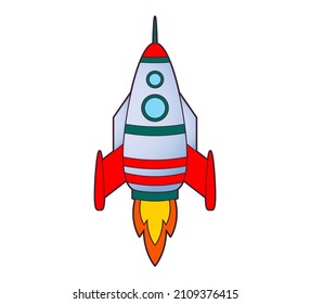 Rocket flying up into space , icon. Vector isolated illustration on white background . Black and white line art