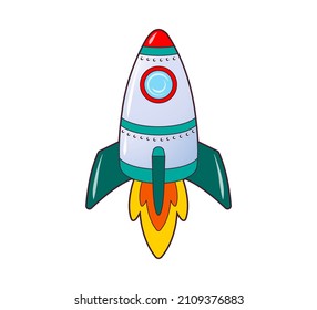 Rocket flying up into space , icon. Vector isolated illustration on white background . Black and white line art