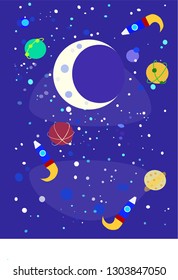rocket flying into space pattern vector illustration. starry sky moon