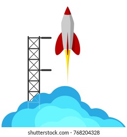 A rocket flying into space. Starting or starting an important project. The startup. Procurement for presentation