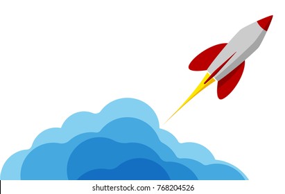 A rocket flying into space. Starting or starting an important project. The startup. Procurement for presentation