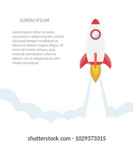 Rocket flying isolated on white background. Icon and logo. Cute simple realistic space ship launch design. Template or banner for start up and success. Flat style vector illustration.