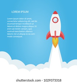 Rocket flying isolated on white background. Icon and logo. Cute simple realistic space ship launch design. Template or banner for start up and success. Flat style vector illustration.