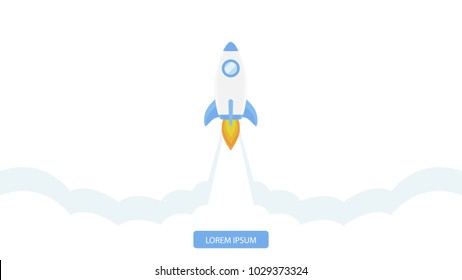 Rocket flying isolated on white background. Icon and logo. Cute simple realistic space ship launch design. Template or banner for start up and success. Flat style vector illustration.