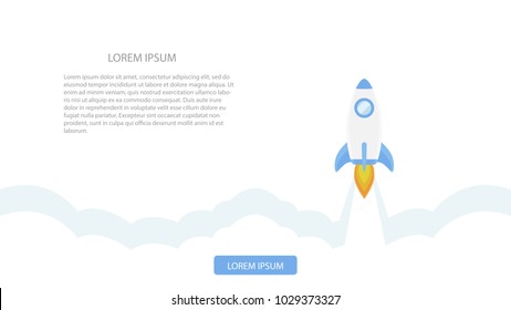 Rocket flying isolated on white background. Icon and logo. Cute simple realistic space ship launch design. Template or banner for start up and success. Flat style vector illustration.