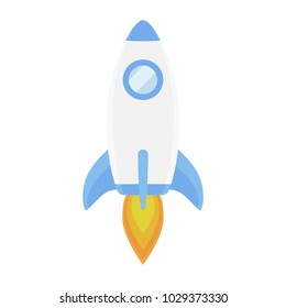 Rocket flying isolated on white background. Icon and logo. Cute simple realistic space ship launch design. Template or banner for start up and success. Flat style vector illustration.