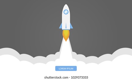 Rocket flying isolated on white background. Icon and logo. Cute simple realistic space ship launch design. Template or banner for start up and success. Flat style vector illustration.