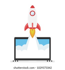 Rocket flying isolated on white background. Cute simple realistic space ship launch design. Flies out of the computer. Template or banner for start up and success. Flat style vector illustration.