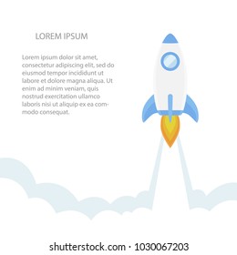 Rocket flying isolated on white background. Icon and logo. Cute simple realistic space ship launch design. Template or banner for start up and success. Flat style vector illustration.