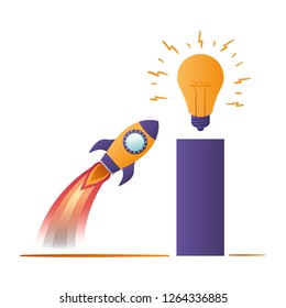 rocket flying with lightbulb isolated icon