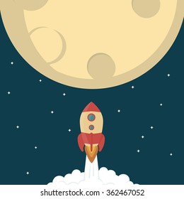 Rocket flying to Moon flat design