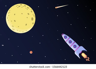Rocket flying to the Moon. Flat vector design space illustration.