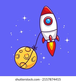 Rocket Flying With Moon In Space Cartoon Vector Icon Illustration. Science Technology Icon Concept Isolated Premium Vector. Flat Cartoon Style