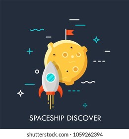 Rocket flying to the Moon, space shuttle taking off on mission. Startup business concept. Spacecraft launch icon. Vector illustration in flat style for website, banner, poster, presentation.