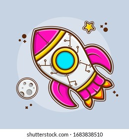 Rakete fliegen mit Vektorillustration von Mond und Sternen Symbol Illustration. Spaceman Mascot Cartoon Charakter. Science Icon Konzept. Flach Cartoon Style geeignet für Aufkleber, Tapete, Icon, etc.