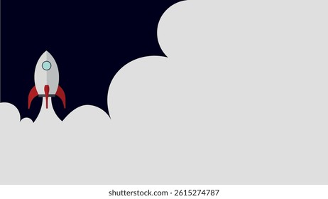 A rocket flying in the night sky. Minimalist background. Flat design illustration. Can used fot presentation, marketing, advertising, banner, card, etc.