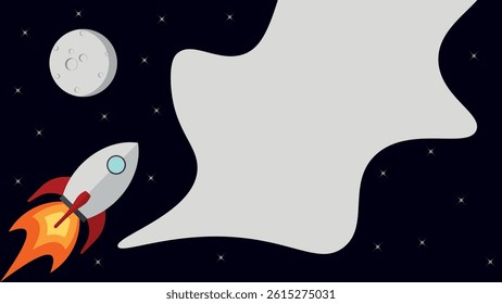 A rocket flying in the night sky. Minimalist background. Flat design illustration. Can used fot presentation, marketing, advertising, banner, card, etc.