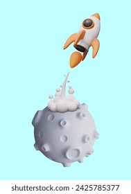 Cohete que sale de la luna. Lanzamiento de nave espacial con humo y fuego